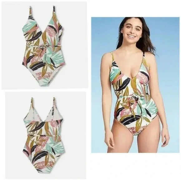 NWT Kona Sol pink one piece swimsuit leaf print