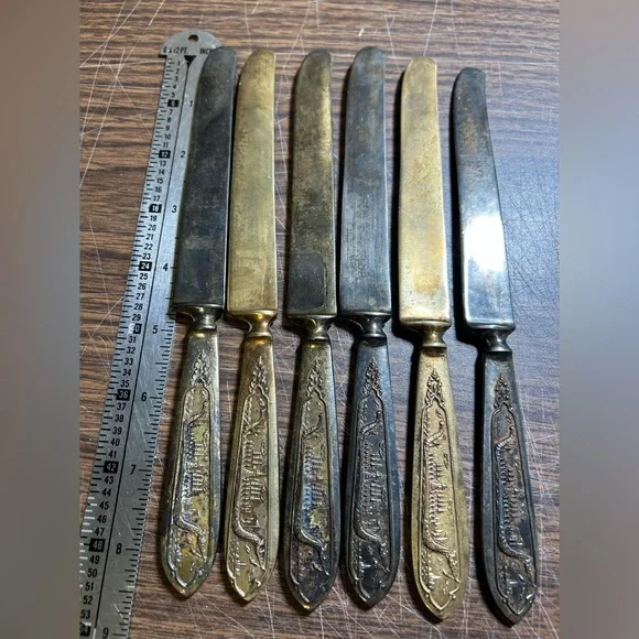 Vintage Brass Flatware Dragon Viking Ship Design Set of 6 Dinner Butter Knives