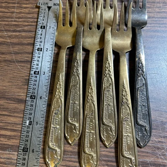 Vintage Brass Flatware Dragon Viking Ship Design Set of 6 Cocktail Shrimp Forks