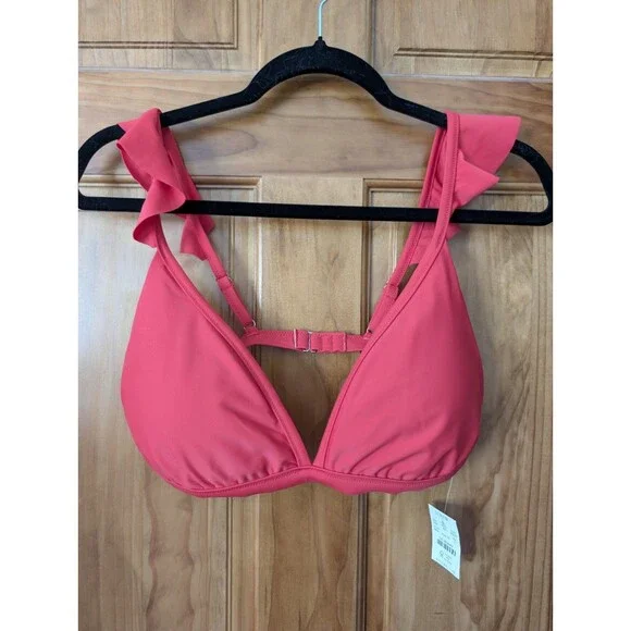 J. Crew Ruffle Scoop Neck Bikini Top Pink Sz Large Resort Pool Vacation Swim NWT