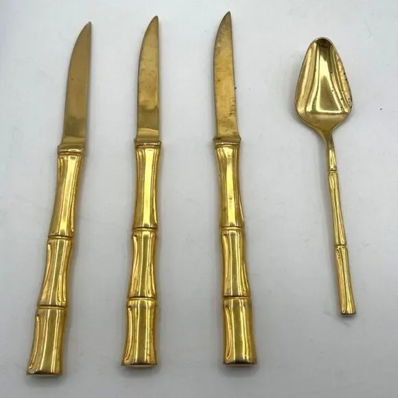 Vtg Supreme Cutlery Japan Cocktail Flatware Stainless Gold Faux Bamboo Handle