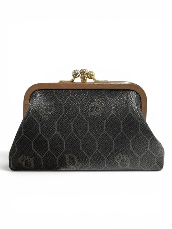 Dior Honeycomb Vintage Black & Tan Leather Kisslock Card & Coin Case
