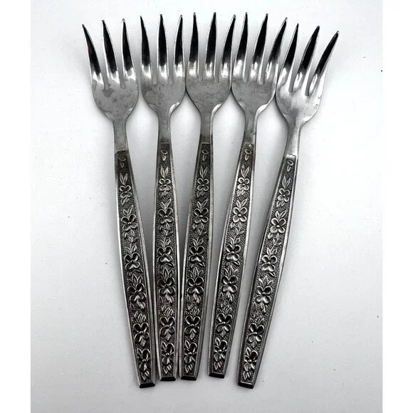 Vtg ROGERS Stainless 5pc Appetizer Hors D'oeuvre Seafood Forks Japan Floral
