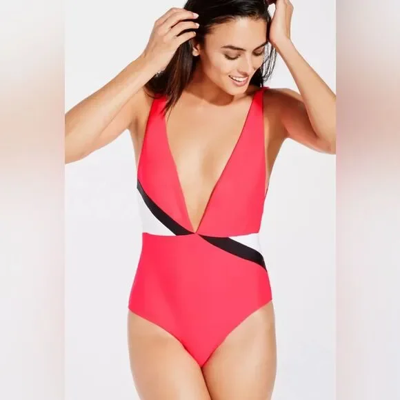 Fabletics Maro Mallet Medium One-Piece Swimsuit Plunge Front/Back Hot Coral