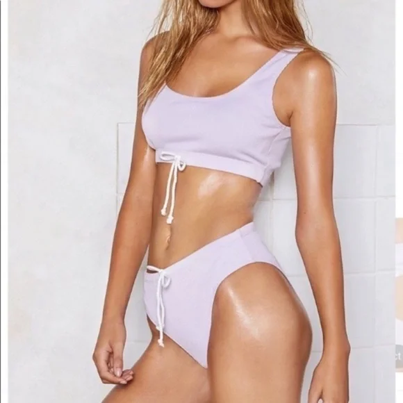 Nasty Gal Lavender Ribbed Two Piece Bikini Tank Top High Cut Bottoms 4 Y2K