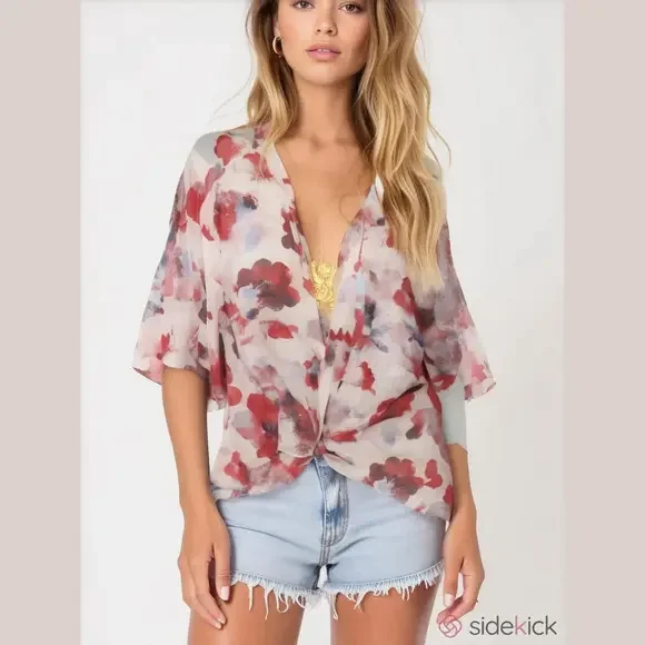 Peach Love Kimono Coverup Top Tie Front Floral Boho Festival Beach Summer OS