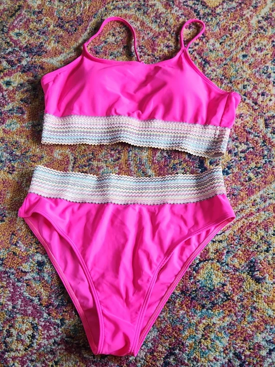 Shein Hot Pink Two-Piece Bikini Set with Chevron Trim XL