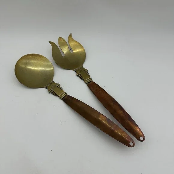 ART DECO COPPER & GOLD TONE MIXED‎ METAL SALAD SET FORK & SPOON 12