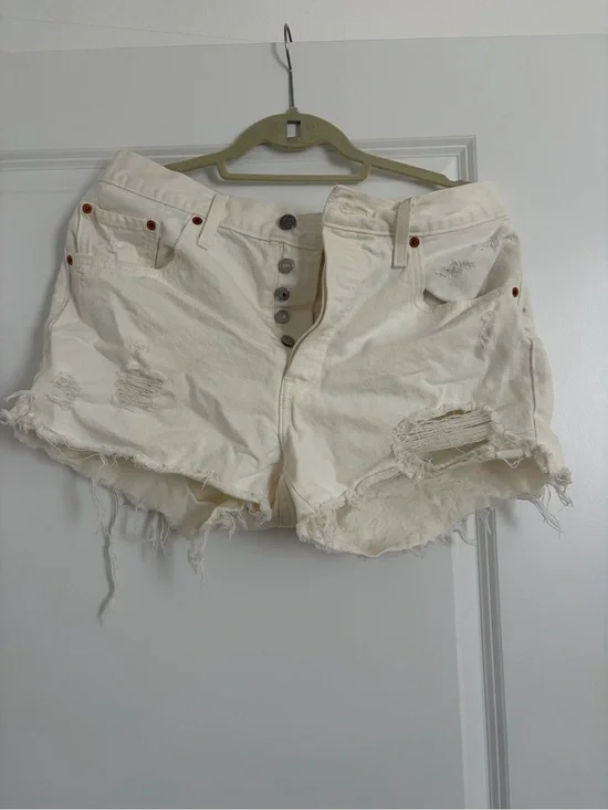 Levi's Cream Distressed Denim Shorts
