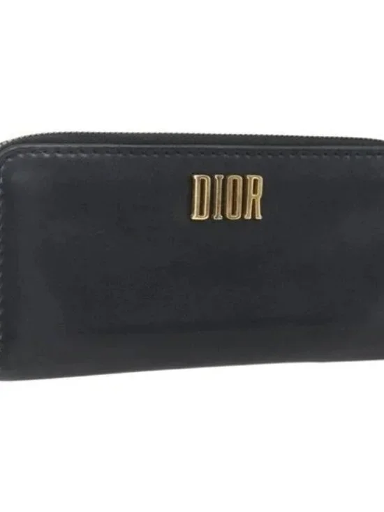 Christian Dior Round Long Wallet Leather Black Gold Auth am10801
