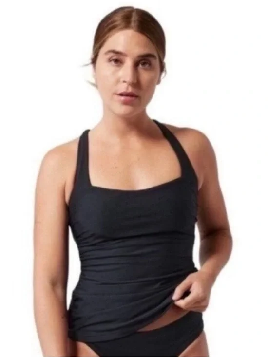 Athleta Square Neck Bra Cup Swim Tankini Top Black UPF 50 32 B/C