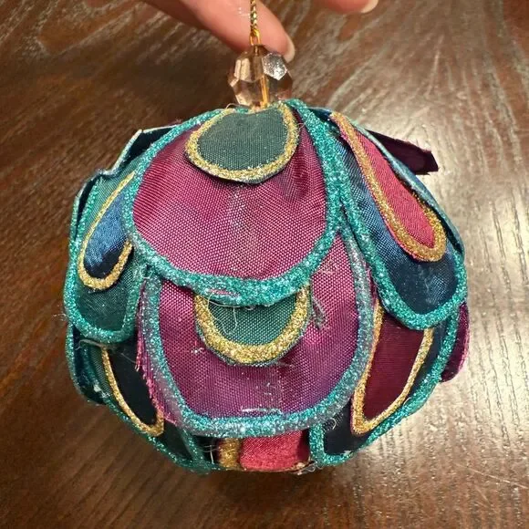 Vintage Pier One Peacock Fabric Glitter Christmas Tree Ornaments Decor Holiday
