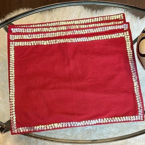 Pier 1 Red Sequined Trim Cloth Placemats 4