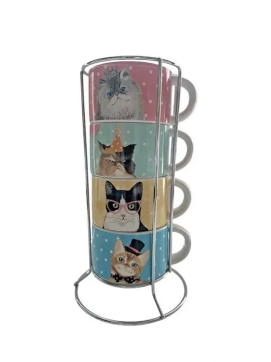 Pier 1 Stackable Cat Mug Set with Stand - Pastel Multi-Color