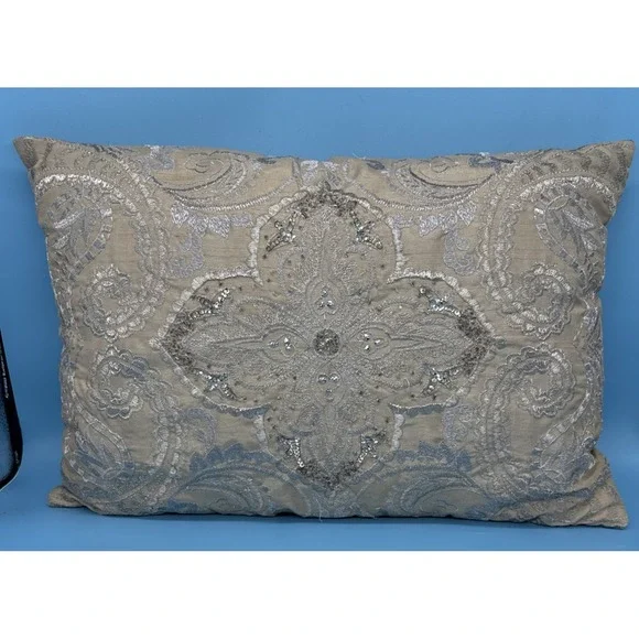 Pier 1 Imports Silver Beaded Throw Pillow Rectangular Shiny Lumbar 12 x 20