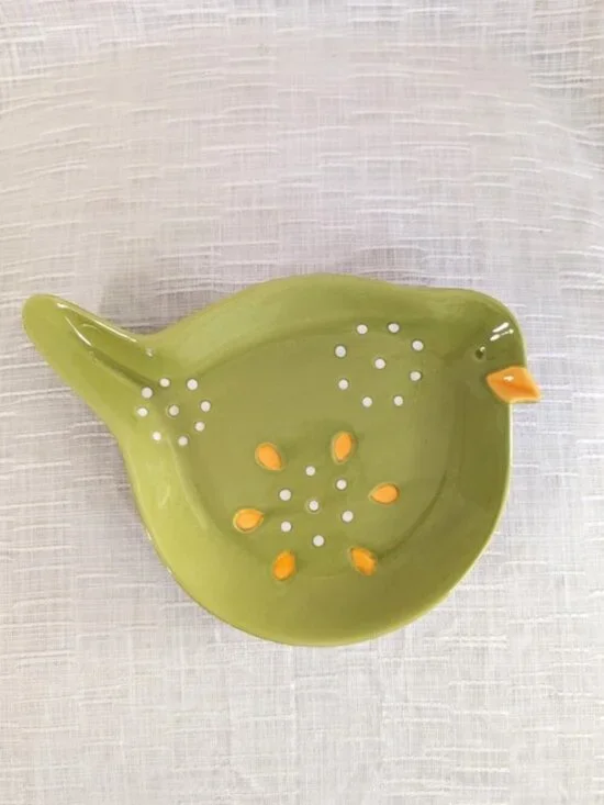Pier 1 Imports Green Ceramic Dolomite Bird Trinket Dish Hand Painted