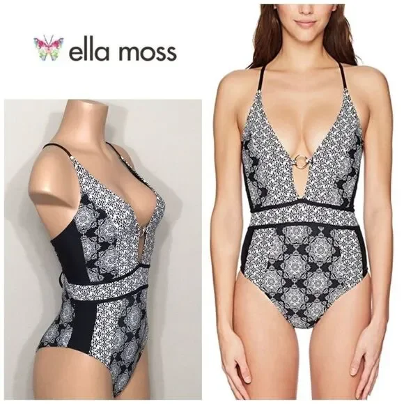 Medallion print plunge swimsuit. RUNS SMALL. NWOT