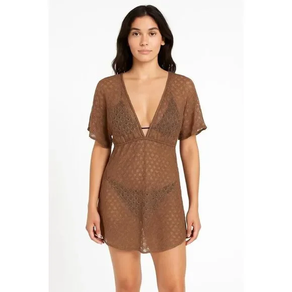 Kish Cecille-G Brown Metallic Crochet Boho Deep V-neck Cover-up Dress Womens L