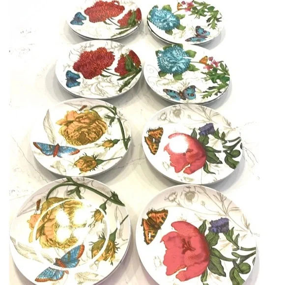 Pier 1 Imports SET of 8 Floral Melamine Salad Plates Butterfly Cottage Garden
