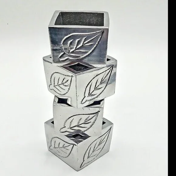 Pier 1 Silver Pewter Etched Leaves Square Napkin Rings