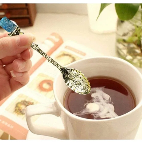 Vintage Crystal Stone Spoon Bronze Floral Tea Spoon with Twig Handle NIB