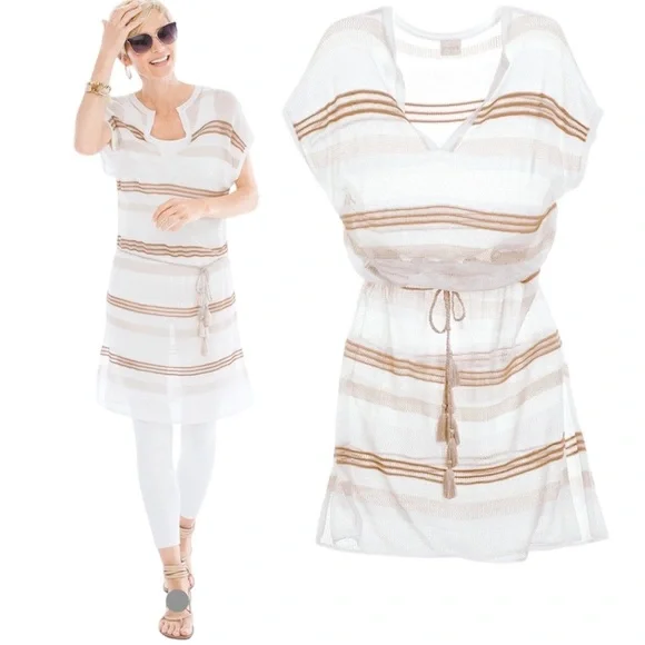 Chico's Striped Belted Semi Sheer Mesh Tunic Beach Coverup Size Small