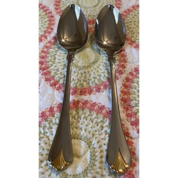 Yamazaki Cara Teaspoons Gold‎ Accent Glossy Stainless Japan Flatware Set Of 2