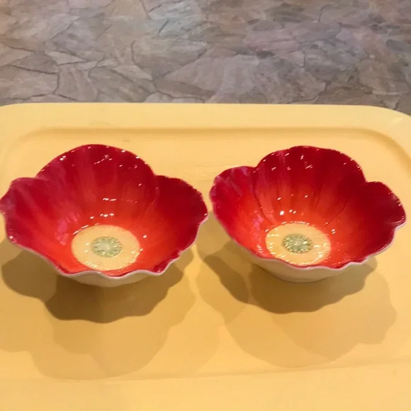 PIER 1 Bowls Red Yellow Flower Bowls Ice Cream Dishes Set of 2