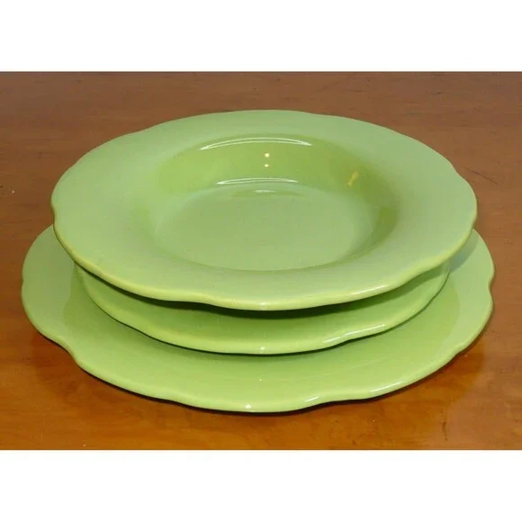 Pier 1 Imports Dinner Dish Set Lime Green Dinner Plate, Salad Soup Bowl Scallop