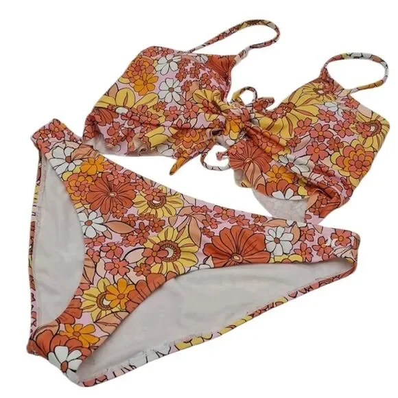 Hurley Floral Print Ruffle Top Bikini 2pc Set Orange size‎ 7 New with tags XL