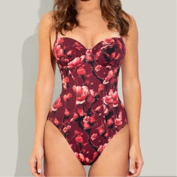 TA3 Womens Wine Floral Lushy D/DD cup Swim body sculpt Sz XL X Long Torso New