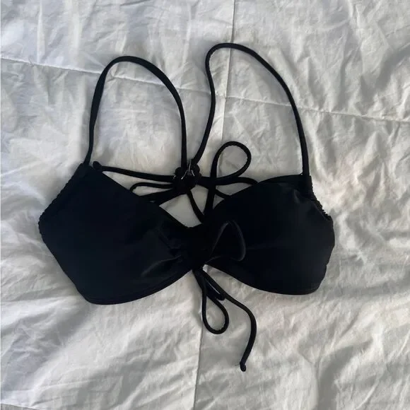 Hollister Cinched Black Bikini Top XS Tie Back Adjustable Straps Ruched Swim