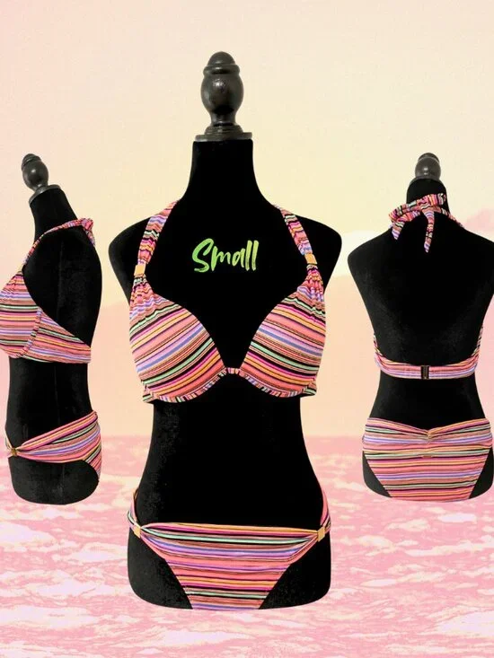 Victoria’s Secret Neon Rainbow Stripe Bikini Set Y2K 