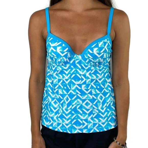 Maidenform Swim By the Sea Tankini Push Up Bra Fit Blue & White Print XSmall