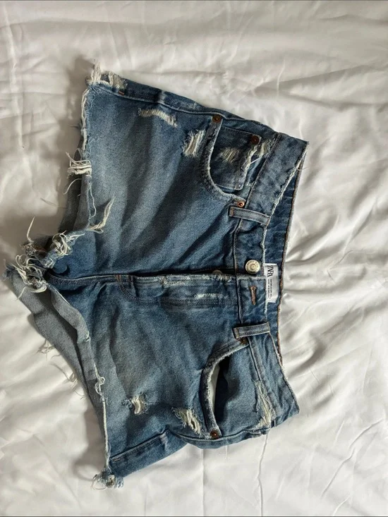 Zara Light Blue Distressed Denim Shorts