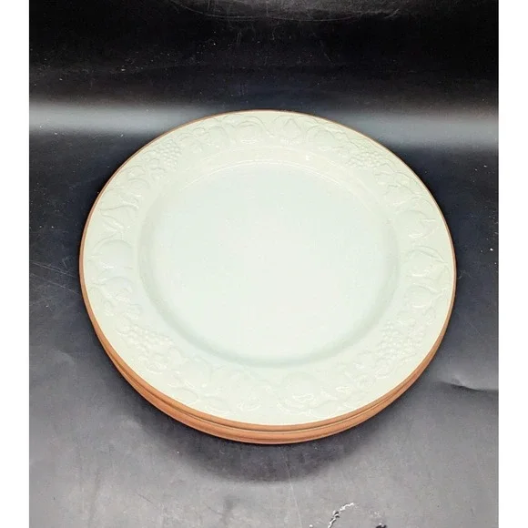 Set/4 Pier 1 Italian Pottery White Embossed Fruit Terra Cotta Edge Dinner Plate