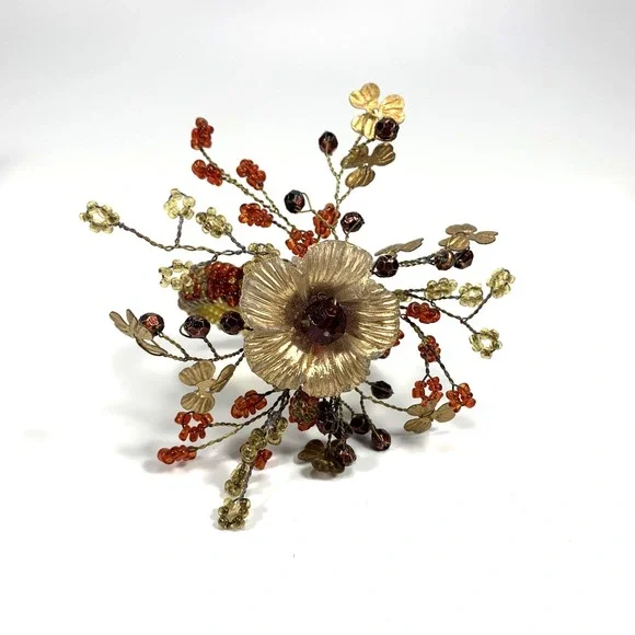 Vintage Pier 1 Napkin Rings Gold Tone Metal Floral Red & Gold Beaded -Set Of 8