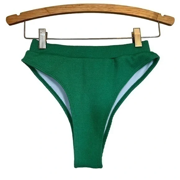 Ribbed Green High Waisted Cheeky Bikini Bottom