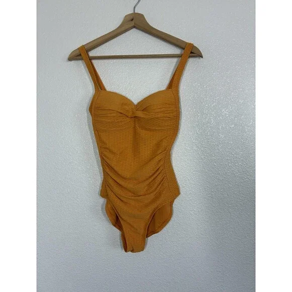 Nip Tuck Swim One Piece Swimsuit Womens 4 Orange Textured Ruched Tank Padded