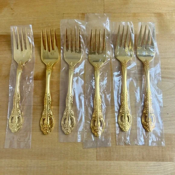 Olde Chelsea Silversmiths Set of 6‎ Vintage Gold Tone Korea Salad Forks Ornate