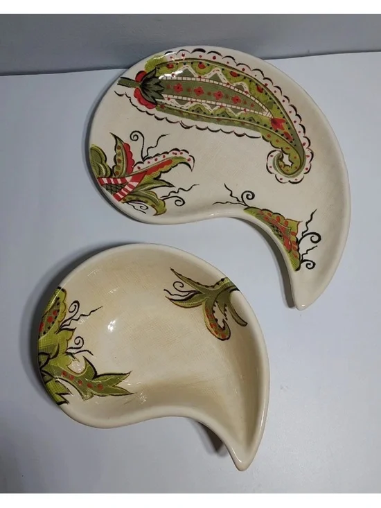 Pier 1 Imports Earthenware Jardine Paisley Shaped Plate/Salsa Dish Hand Painted
