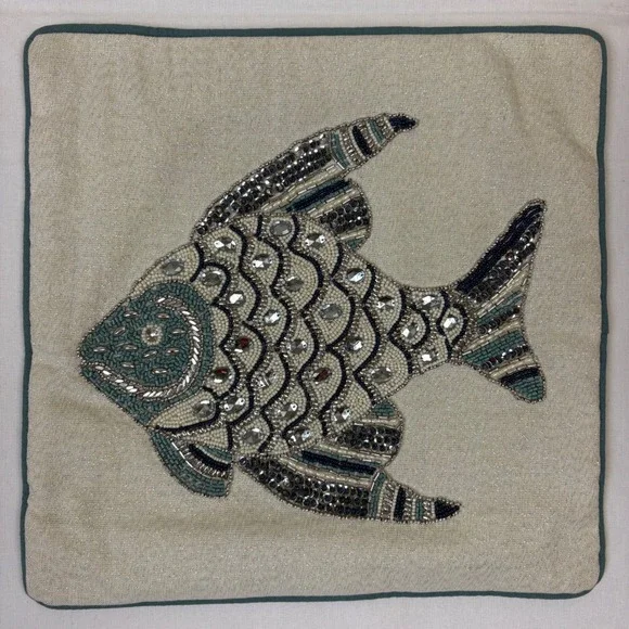Pier One Beaded Fish Pillow Sham Square 14x14 Blue Cream‎ Sparkly Sequin Beach