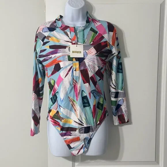 Dilinte Women’s Long Sleeve Swimsuit | Graphic Print | Zipper Front | XL | NWT