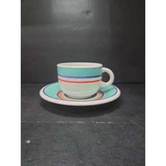 Pier 1 Turquoise Hand Painted Bright Striped Coffee Mug & Saucer, Kitchen‎ Decor