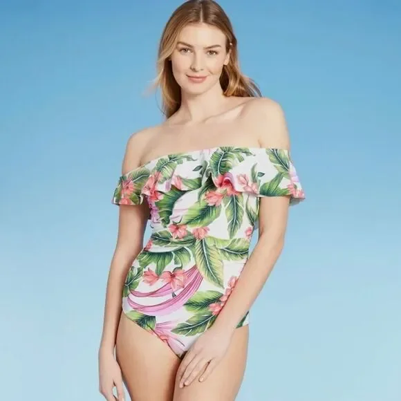 Women's Off Shoulder Flounce High Coverage One Piece Swimsuit - Kona Sol