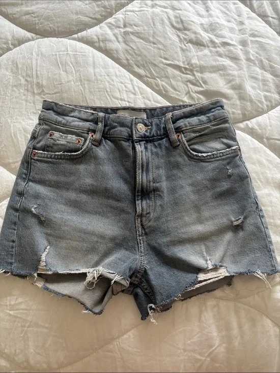 Zara Faded Blue Distressed Denim Shorts