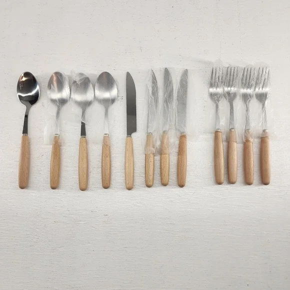 Wood Handle Flatware Set 12‎ Piece Stainless Steel Silver Modern Kitchen