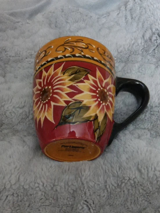 Pier 1 Sunflower Ceramic Mug in Red and Mustard
