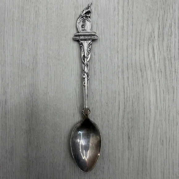 Burma Souvenir Spoon Dragon Naga Finial Buddha Shrine EPNS Vintage