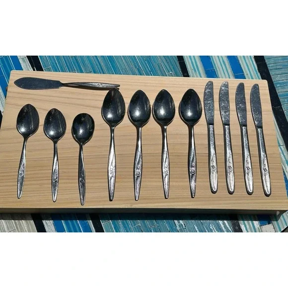 12 Pc  Lot Utica Satin Rose Knives, Spoons‎ Stainless Japan